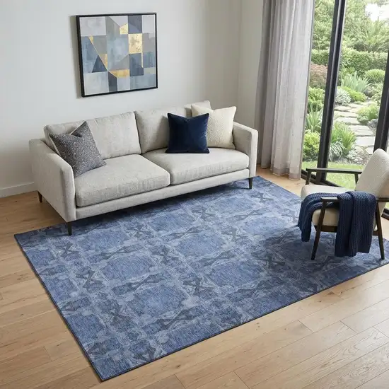 Denim Blue And Ivory Floral Medallion Washable Area Rug With UV Protection Photo 1
