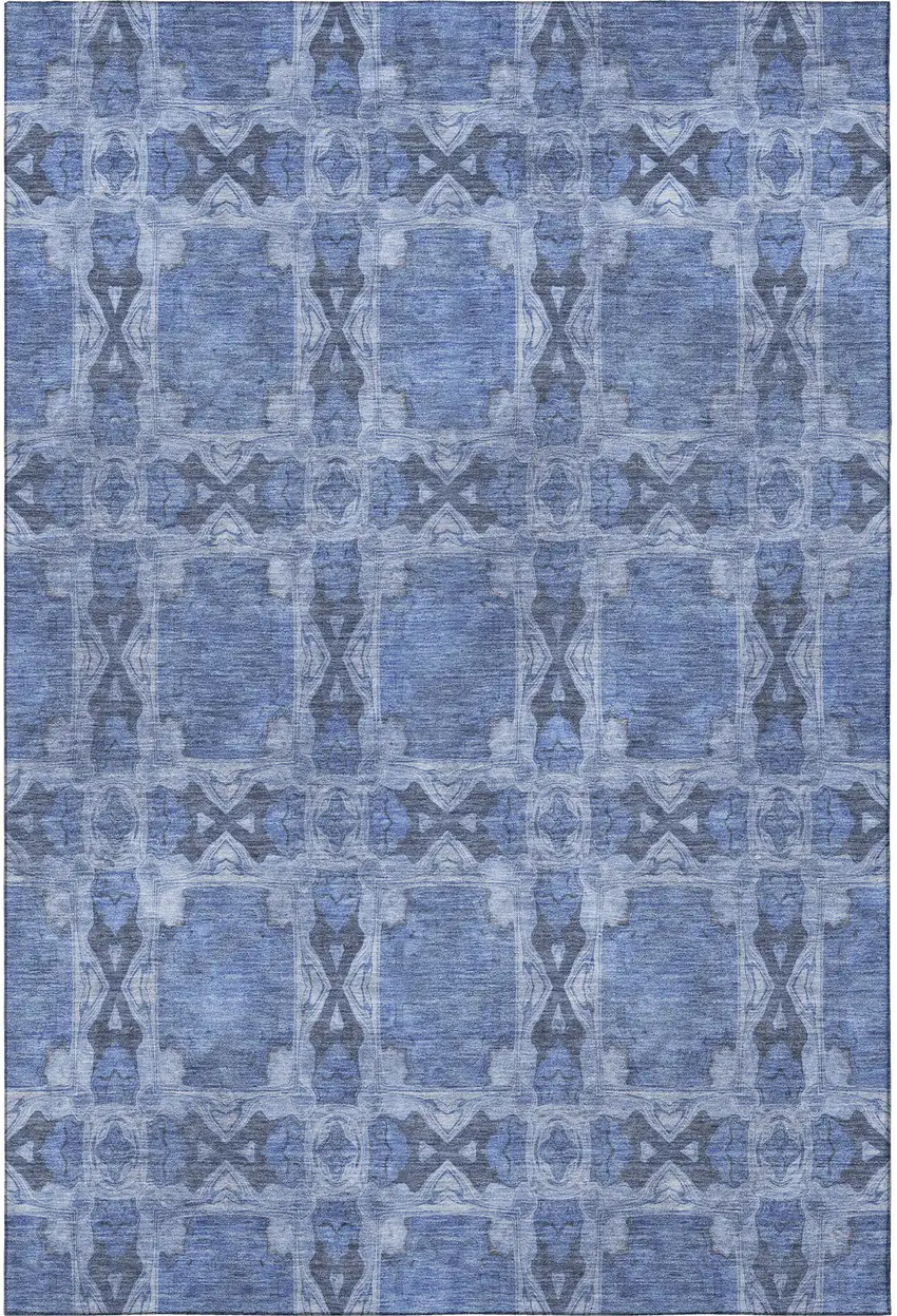 Denim Blue And Ivory Floral Medallion Washable Area Rug With UV Protection Photo 4