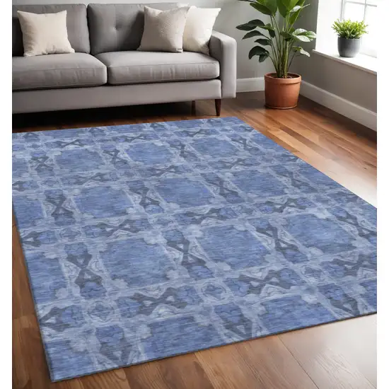 Denim Blue And Ivory Floral Medallion Washable Area Rug With UV Protection Photo 2
