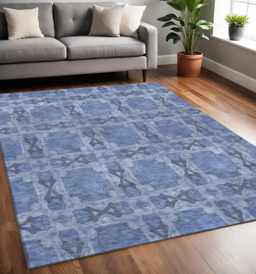 Denim Blue And Ivory Floral Medallion Washable Area Rug With UV Protection Photo 2