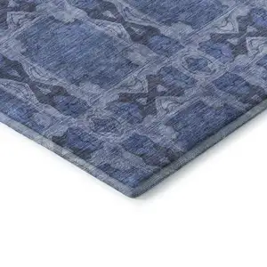 Photo of Denim Blue And Ivory Floral Medallion Washable Area Rug With UV Protection