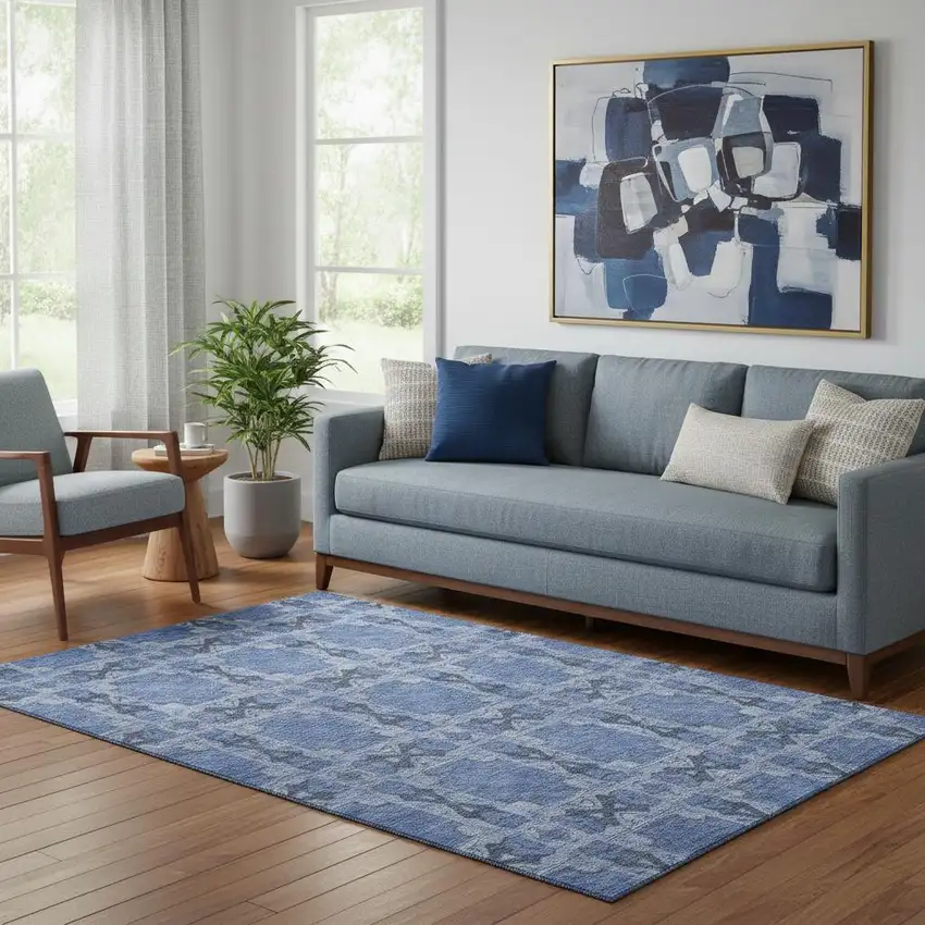 Denim Blue And Ivory Floral Medallion Washable Area Rug With UV Protection Photo 1