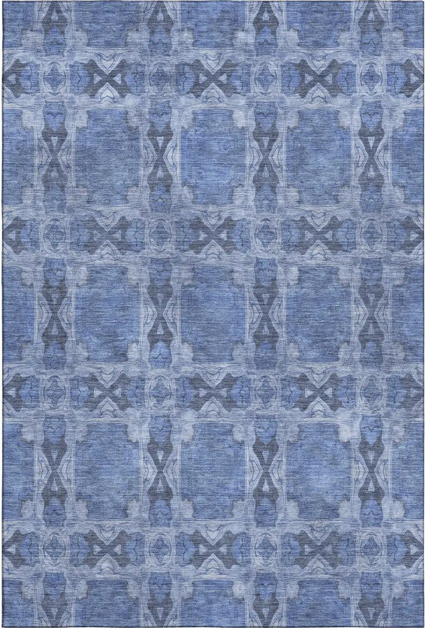 Denim Blue And Ivory Floral Medallion Washable Area Rug With UV Protection Photo 1