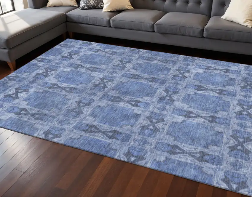 Denim Blue And Ivory Floral Medallion Washable Area Rug With UV Protection Photo 2