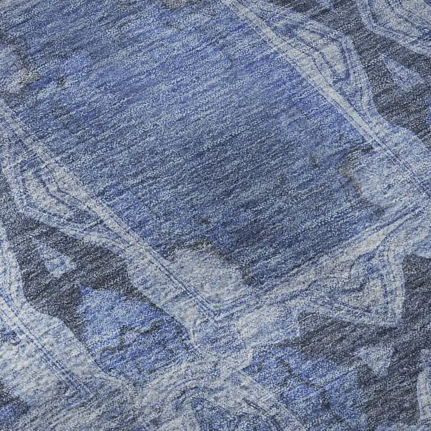 Denim Blue And Ivory Floral Medallion Washable Area Rug With UV Protection Photo 9