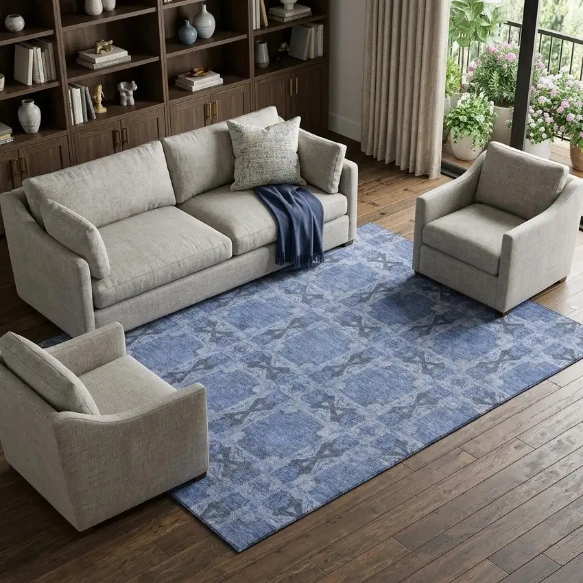 Denim Blue And Ivory Floral Medallion Washable Area Rug With UV Protection Photo 1
