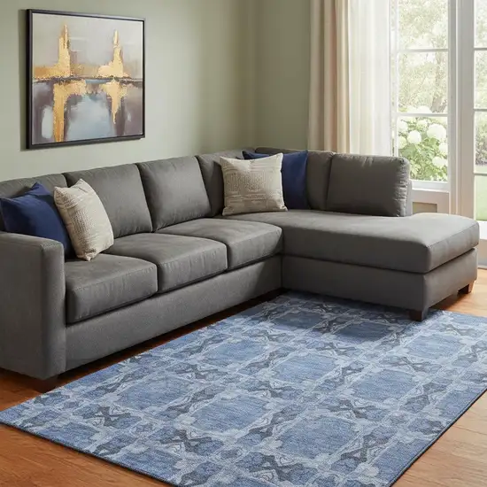 Denim Blue And Ivory Floral Medallion Washable Area Rug With UV Protection Photo 1