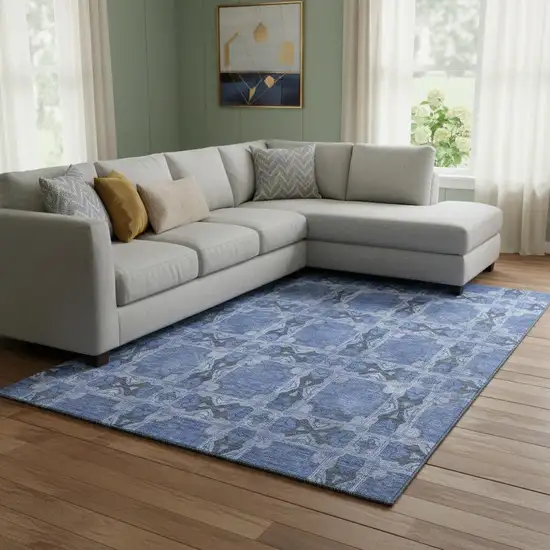 Denim Blue And Ivory Floral Medallion Washable Area Rug With UV Protection Photo 1