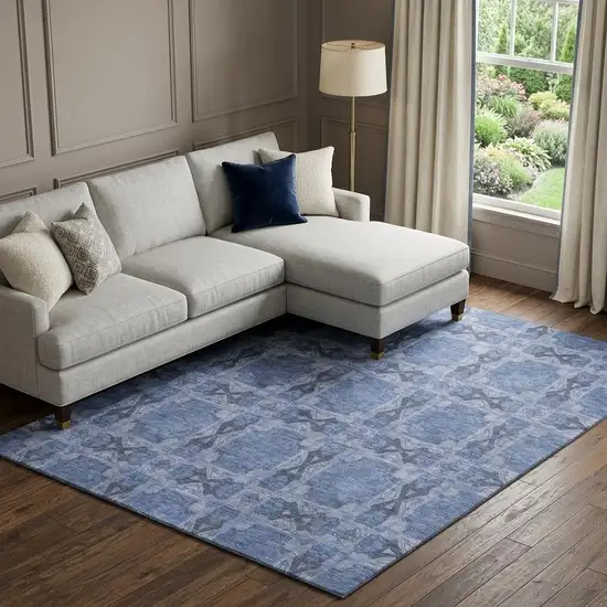 Denim Blue And Ivory Floral Medallion Washable Area Rug With UV Protection Photo 1