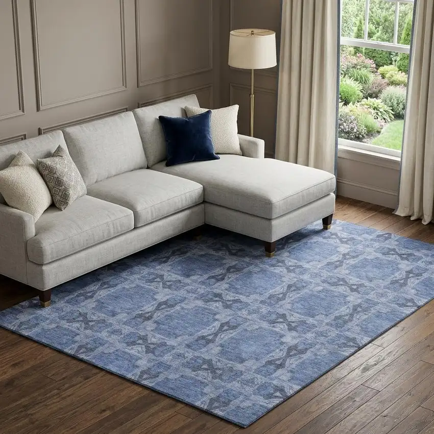 Denim Blue And Ivory Floral Medallion Washable Area Rug With UV Protection Photo 1