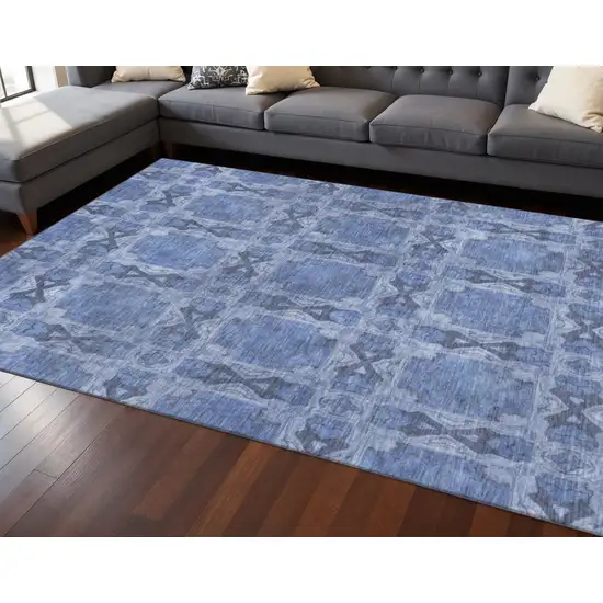 Denim Blue And Ivory Floral Medallion Washable Area Rug With UV Protection Photo 2