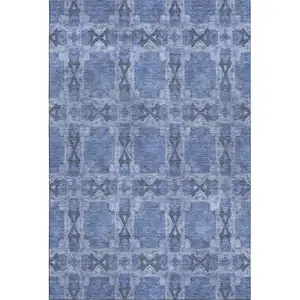 Photo of Denim Blue And Ivory Floral Medallion Washable Area Rug With UV Protection