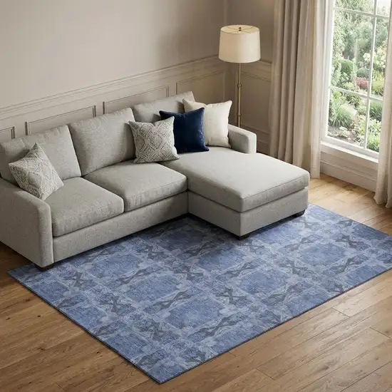 Denim Blue And Ivory Floral Medallion Washable Area Rug With UV Protection Photo 1