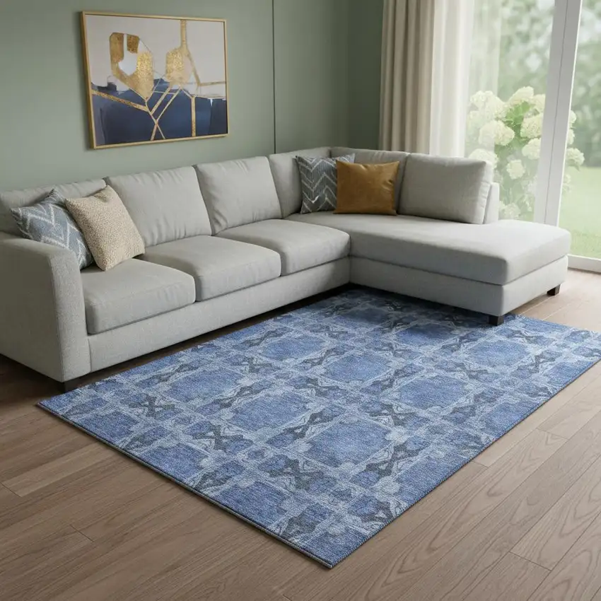 Denim Blue And Ivory Floral Medallion Washable Area Rug With UV Protection Photo 1