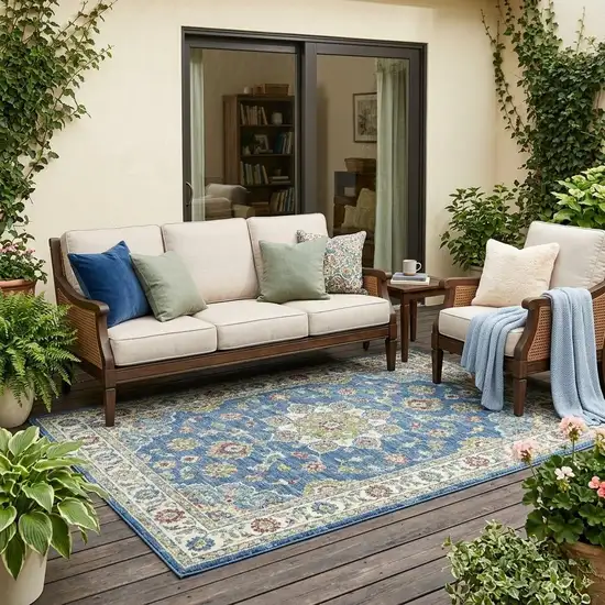 Denim Blue And Ivory Floral Medallion Washable Indoor Outdoor Area Rug Photo 1