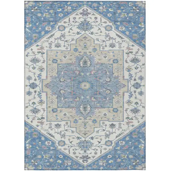Denim Blue And Ivory Floral Medallion Washable Indoor Outdoor Area Rug Photo 5