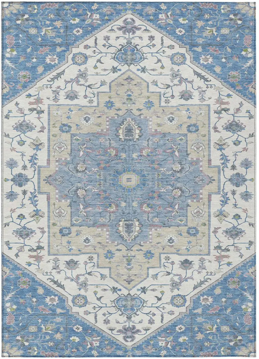 Denim Blue And Ivory Floral Medallion Washable Indoor Outdoor Area Rug Photo 5