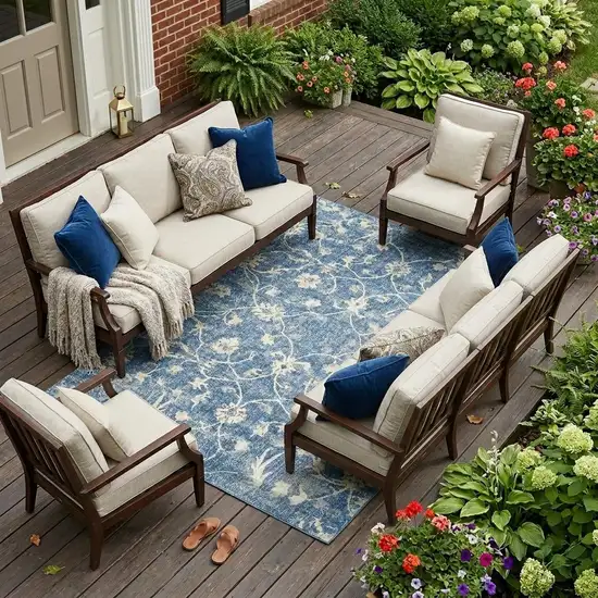 Denim Blue And Ivory Floral Medallion Washable Indoor Outdoor Area Rug Photo 1