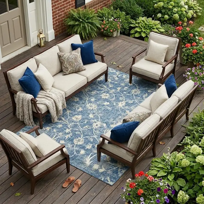 Denim Blue And Ivory Floral Medallion Washable Indoor Outdoor Area Rug Photo 1