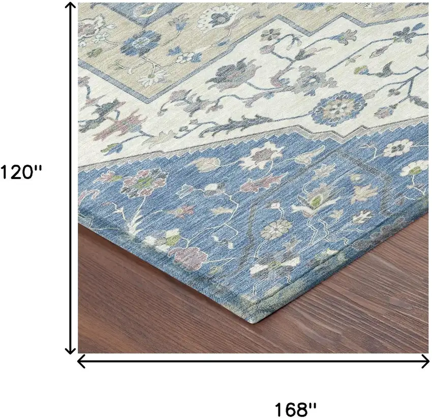 Denim Blue And Ivory Floral Medallion Washable Indoor Outdoor Area Rug Photo 7