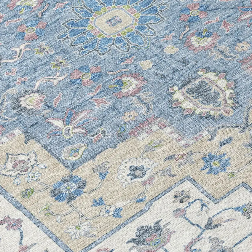 Denim Blue And Ivory Floral Medallion Washable Indoor Outdoor Area Rug Photo 6