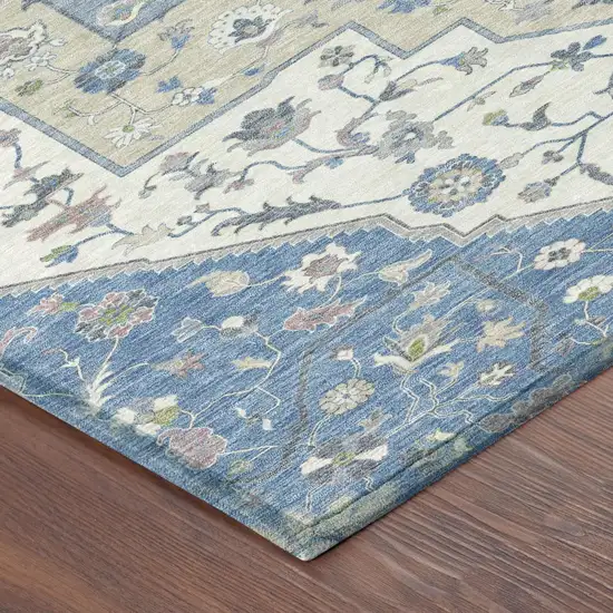Denim Blue And Ivory Floral Medallion Washable Indoor Outdoor Area Rug Photo 4