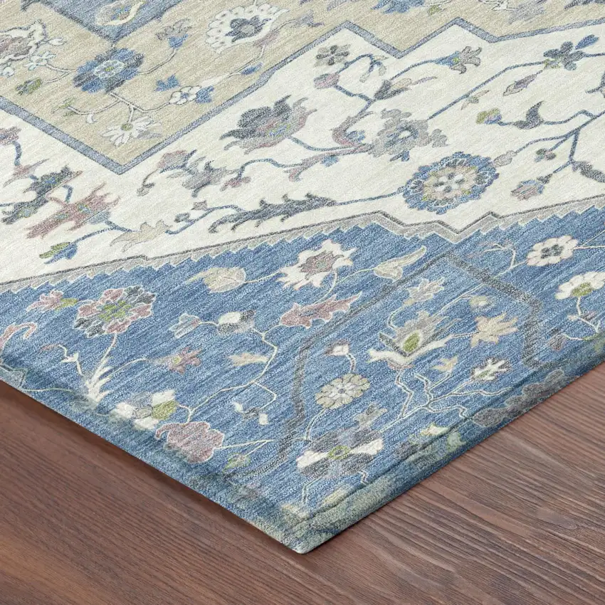 Denim Blue And Ivory Floral Medallion Washable Indoor Outdoor Area Rug Photo 4