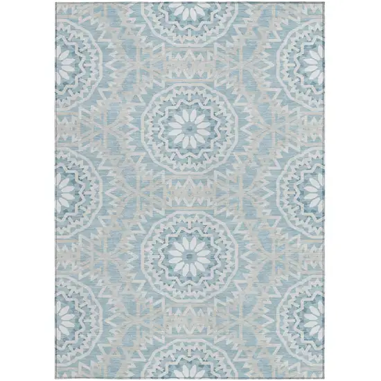 Denim Blue And Ivory Floral Medallion Washable Indoor Outdoor Area Rug Photo 6