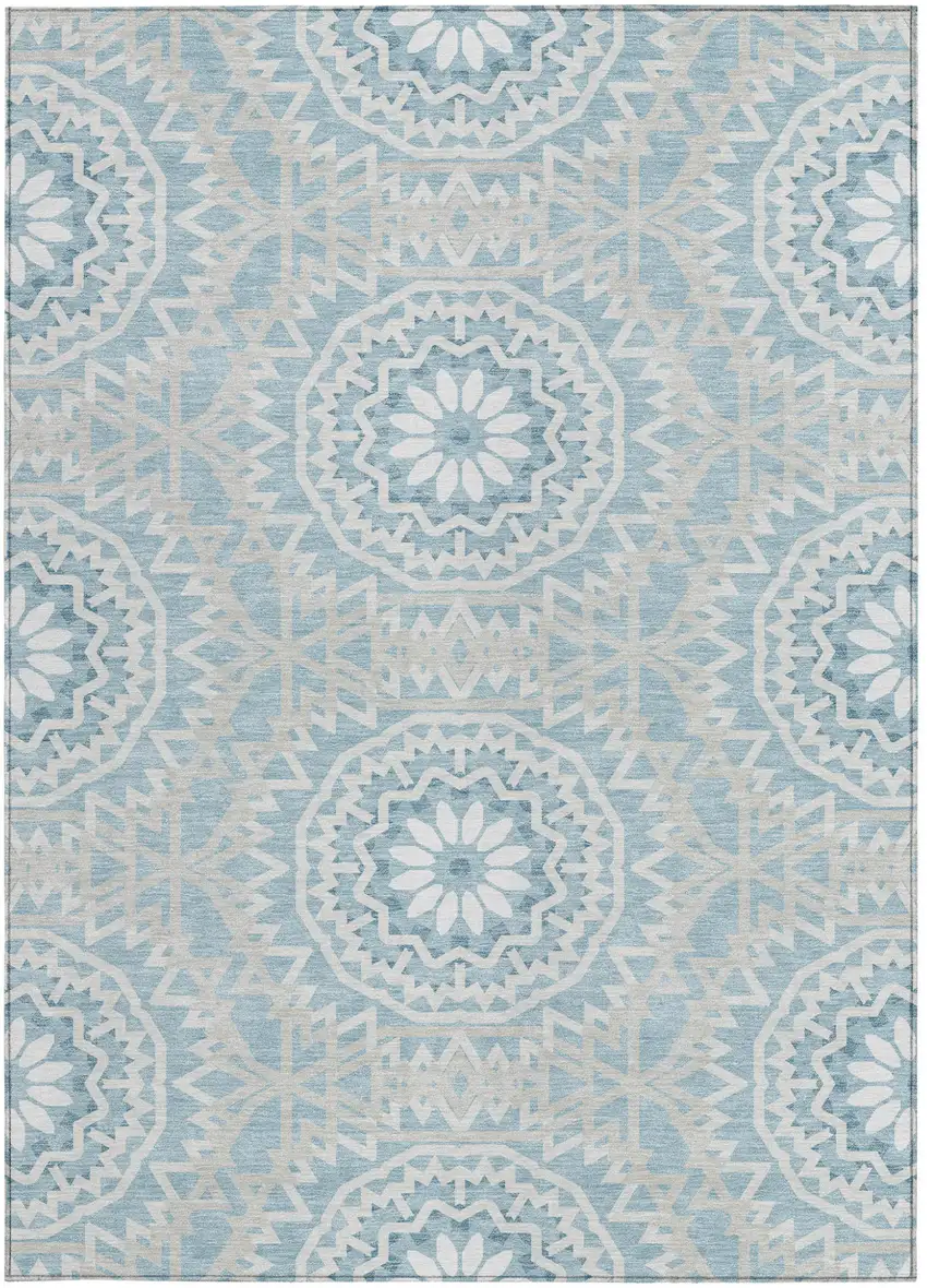 Denim Blue And Ivory Floral Medallion Washable Indoor Outdoor Area Rug Photo 6