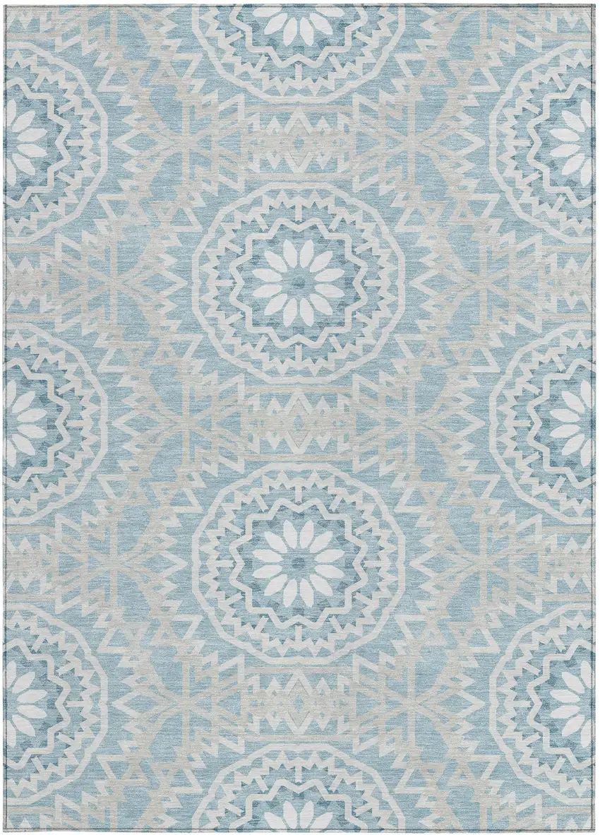 Denim Blue And Ivory Floral Medallion Washable Indoor Outdoor Area Rug Photo 6