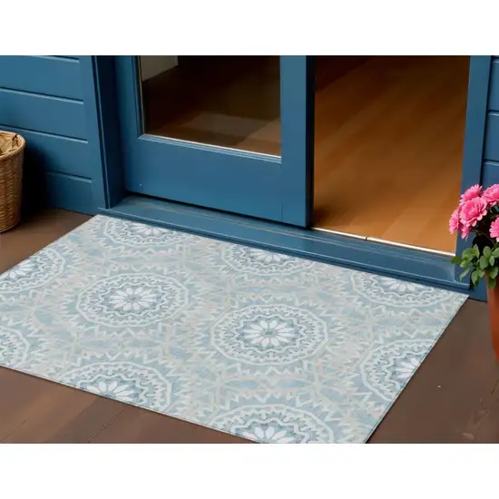 Denim Blue And Ivory Floral Medallion Washable Indoor Outdoor Area Rug Photo 1