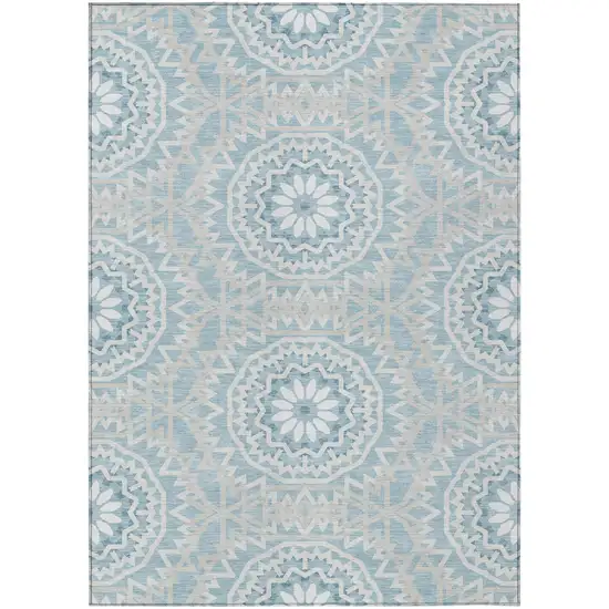 Denim Blue And Ivory Floral Medallion Washable Indoor Outdoor Area Rug Photo 2