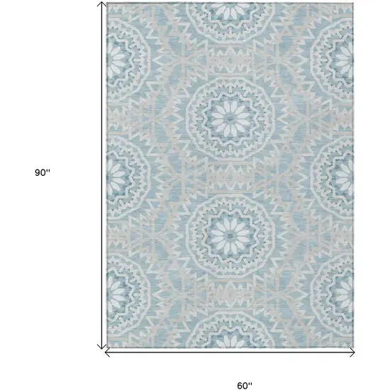 Denim Blue And Ivory Floral Medallion Washable Indoor Outdoor Area Rug Photo 6