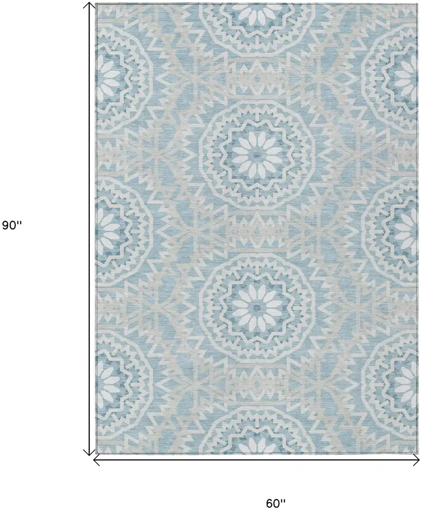 Denim Blue And Ivory Floral Medallion Washable Indoor Outdoor Area Rug Photo 6