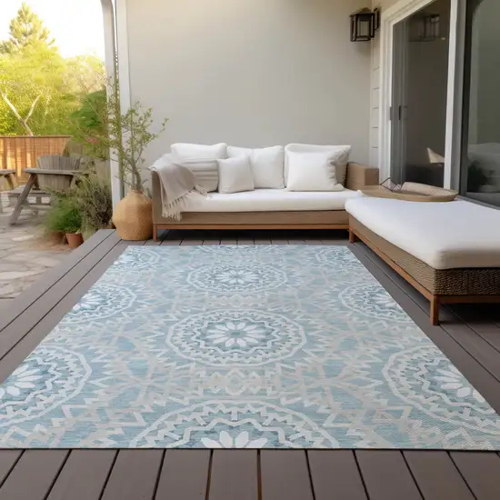 Denim Blue And Ivory Floral Medallion Washable Indoor Outdoor Area Rug Photo 9