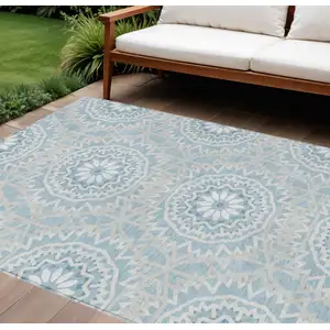 Photo of Denim Blue And Ivory Floral Medallion Washable Indoor Outdoor Area Rug