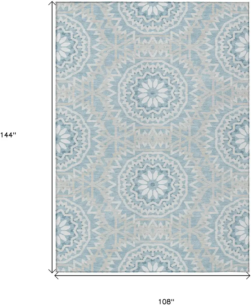 Denim Blue And Ivory Floral Medallion Washable Indoor Outdoor Area Rug Photo 9