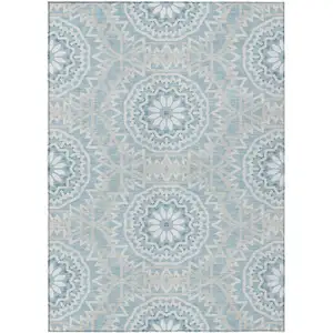 Photo of Denim Blue And Ivory Floral Medallion Washable Indoor Outdoor Area Rug