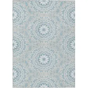 Photo of Denim Blue And Ivory Floral Medallion Washable Indoor Outdoor Area Rug