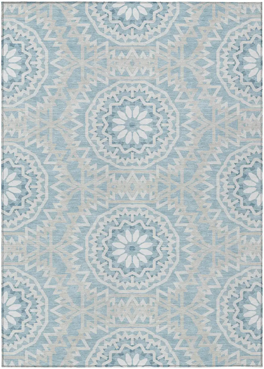 Denim Blue And Ivory Floral Medallion Washable Indoor Outdoor Area Rug Photo 2