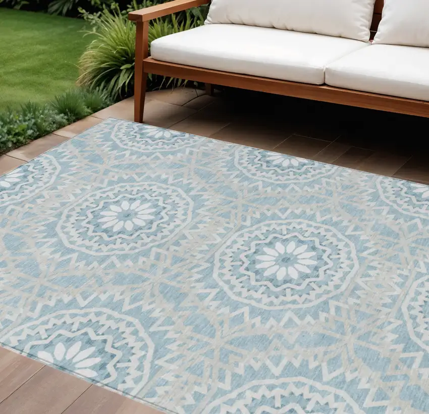 Denim Blue And Ivory Floral Medallion Washable Indoor Outdoor Area Rug Photo 1
