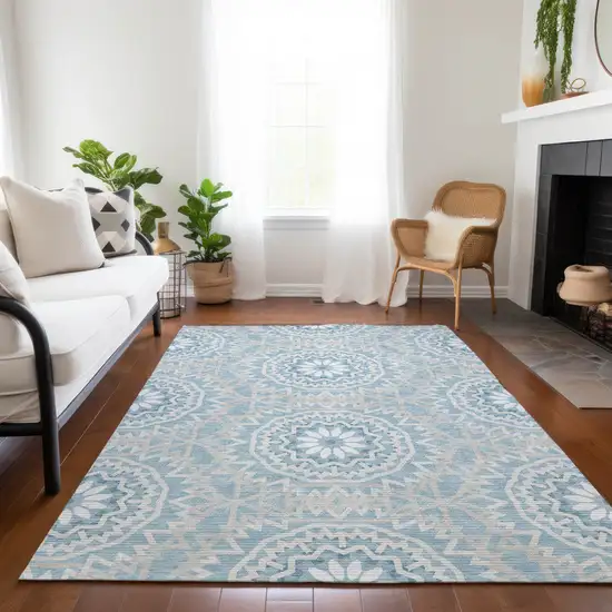 Denim Blue And Ivory Floral Medallion Washable Indoor Outdoor Area Rug Photo 8