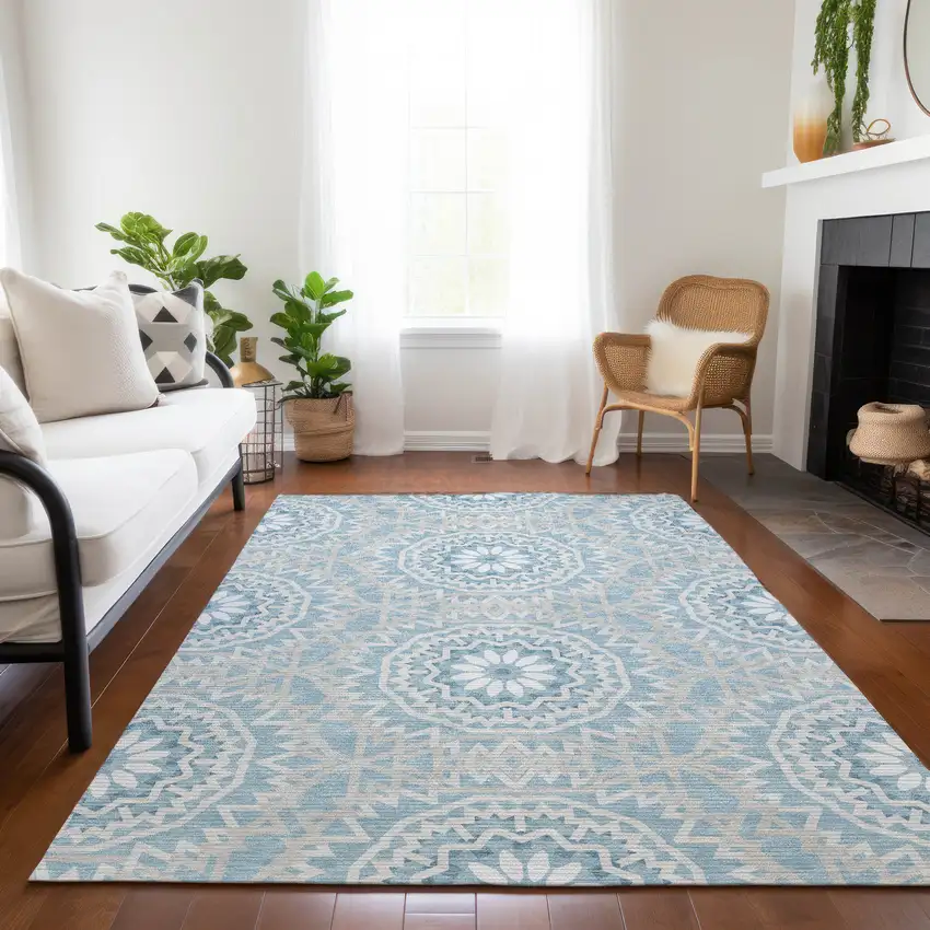Denim Blue And Ivory Floral Medallion Washable Indoor Outdoor Area Rug Photo 8