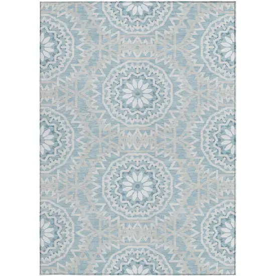 Denim Blue And Ivory Floral Medallion Washable Indoor Outdoor Area Rug Photo 5