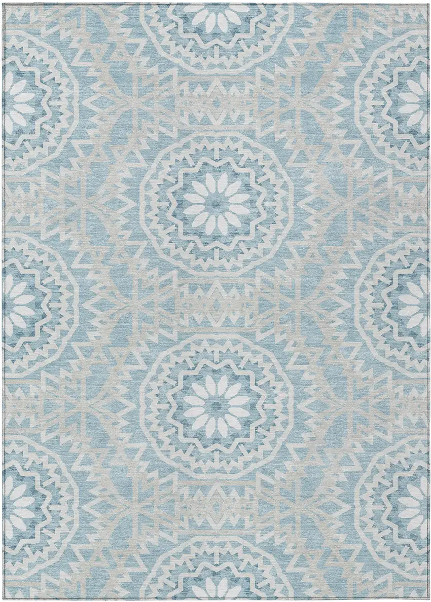 Denim Blue And Ivory Floral Medallion Washable Indoor Outdoor Area Rug Photo 2