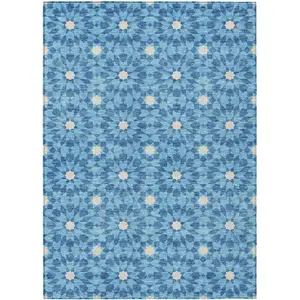 Photo of Denim Blue And Ivory Floral Medallion Washable Indoor Outdoor Area Rug