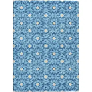 Photo of Denim Blue And Ivory Floral Medallion Washable Indoor Outdoor Area Rug