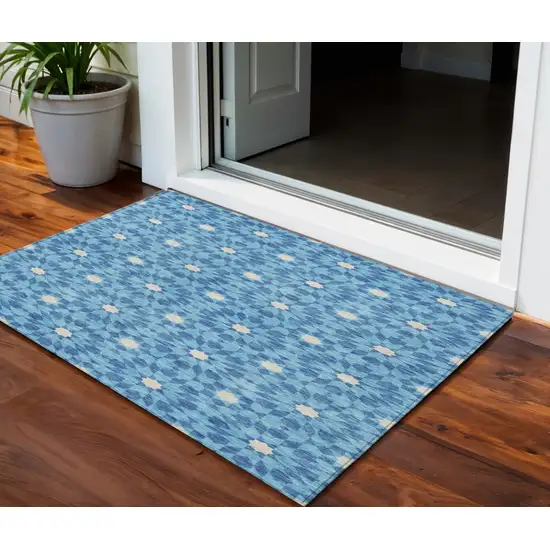 Denim Blue And Ivory Floral Medallion Washable Indoor Outdoor Area Rug Photo 1