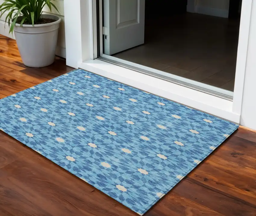 Denim Blue And Ivory Floral Medallion Washable Indoor Outdoor Area Rug Photo 1