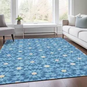 Photo of Denim Blue And Ivory Floral Medallion Washable Indoor Outdoor Area Rug